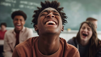 Teenage student crying among classmate laughing at them . Problems in teenagers at school .