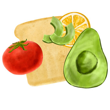 Composition of watercolor vegetables. Tomato, avocado, lemon, toast, hand drawn. Illustration for design, packaging, kitchen