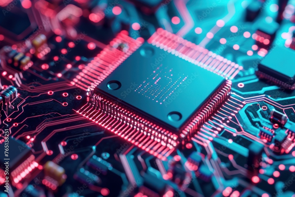 Poster futuristic abstract microchip neon. data macro. generate ai