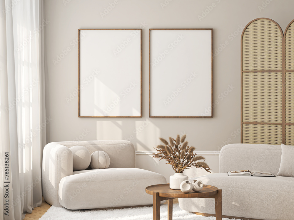 Wall mural frame mockup, iso a paper size. living room wall poster mockup. interior mockup with house backgroun