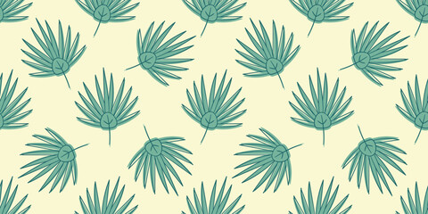 Fan Palm Leaf Pattern. Doodle style. Washingtonia. Seamless print exotic Plants. Botany, herbs. Tropical summer. Color outline image. Symmetry. Vector illustration