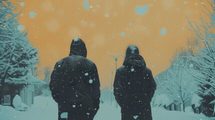 a couple of people standing next to each other in front of a snow covered street with trees in the background.