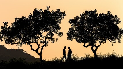 a couple of people standing next to each other in a field under a couple of trees with the sun setting in the background.