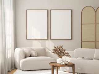 Rolgordijnen Frame mockup, ISO A paper size. Living room wall poster mockup. Interior mockup with house background. Modern interior design. 3D render  © mtlapcevic