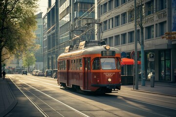 Vintage red tram rides down the street in a modern city, public transport