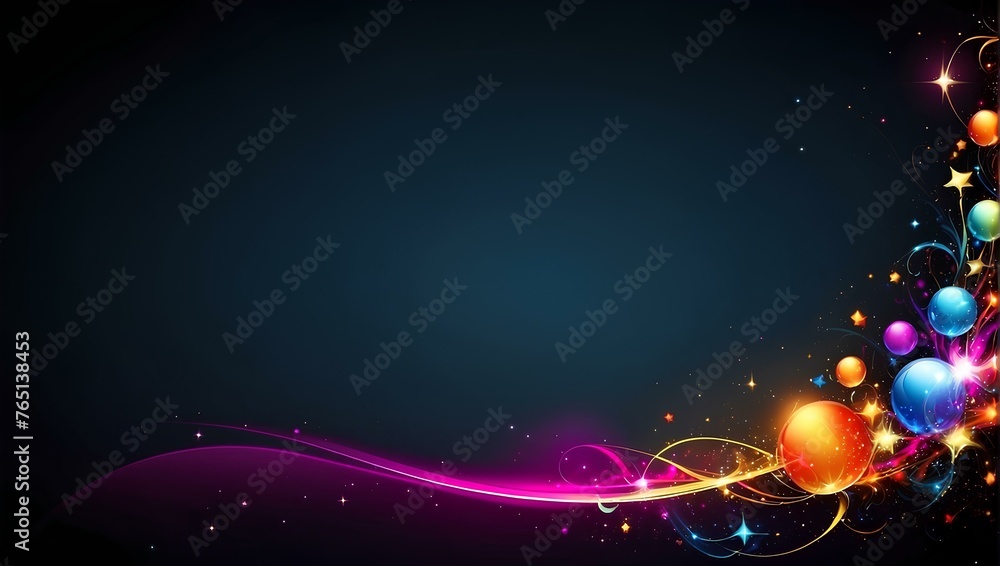 Poster colorful balls with magic light on black background with copy space, space for text and design
