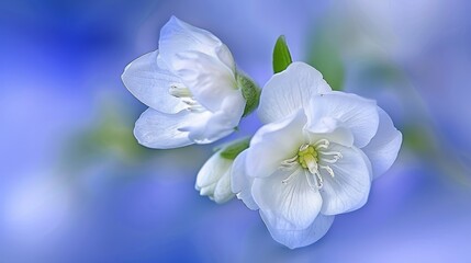 a couple of white flowers sitting on top of a blue and white table cloth on top of a wooden table.