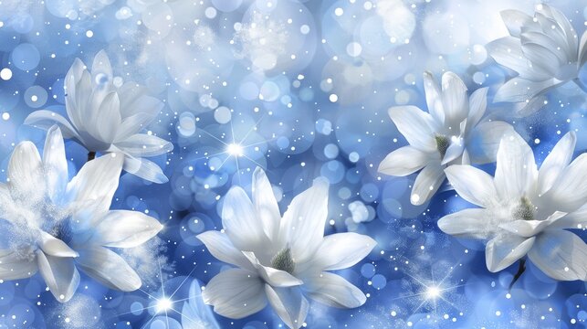 a picture of some white flowers on a blue and white boke of lights and snow flakes in the background.