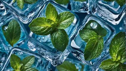ice cube with mint background wet - obrazy, fototapety, plakaty