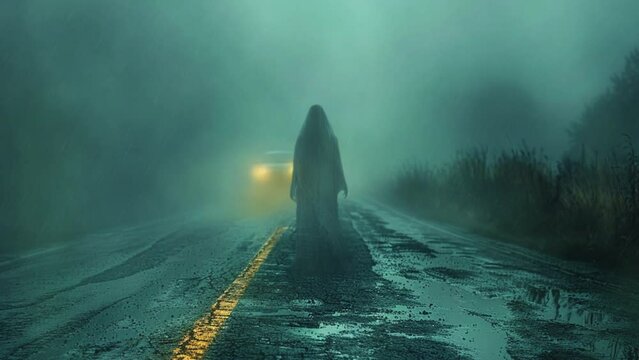 The appearance of a ghost on a foggy highway in the rain