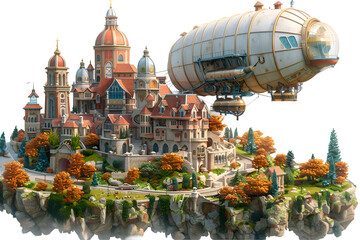 A 3D animated cartoon render of a fantasy zeppelin floating in a magical world. - obrazy, fototapety, plakaty