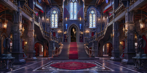 Enchanted castle product presentation with grand staircases, stained glass windows, and suits of armor  - obrazy, fototapety, plakaty