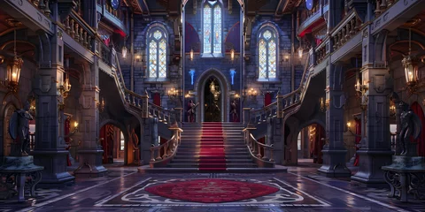 Fotobehang Enchanted castle product presentation with grand staircases, stained glass windows, and suits of armor  © Abstract Delusion