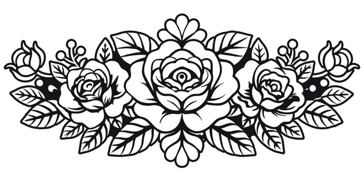 Retro old school roses for chicano tattoo outline. Monochrome line art, ink tattoo. Black and white vector illustration of a symmetric rose flower bouquet with decorative elements