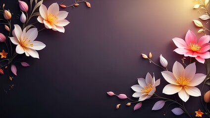 white flowers on brown background with copy space, space for text and design, spring season 