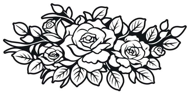 Retro old school roses for chicano tattoo outline. Monochrome line art, ink tattoo. Black and white vector illustration of a symmetric rose flower bouquet with decorative elements