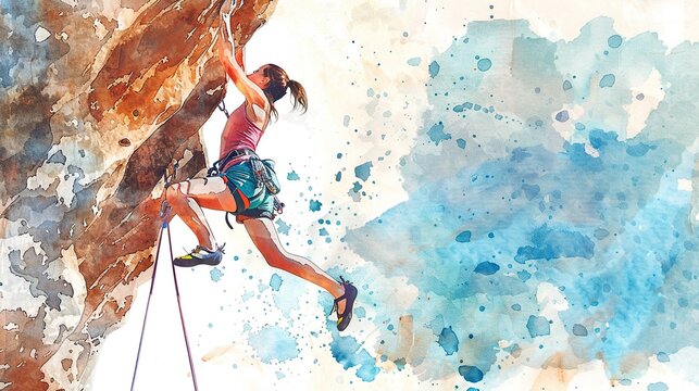 watercolor painting of a woman with a rope doing rock climbing on a rock.