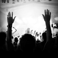 Crowd cheering and watching a band on stage, blurred motion, shallow DOF.