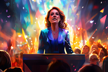 Women politician giving public speech to crowds at election rally, feminism gender equality at work illustration - obrazy, fototapety, plakaty