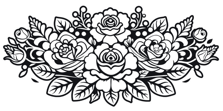 Retro old school roses for chicano tattoo outline. Monochrome line art, ink tattoo. Symmetrical, silhouetted floral pattern featuring stylized roses and leaves in black and white. outline line