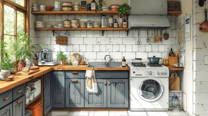 a painting of a kitchen with a washing machine in the middle of the counter and pots and pans on the shelves.