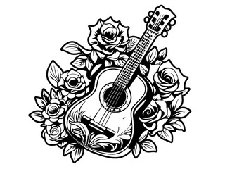 Retro old school chicano tattoo outline. Monochrome line art, ink tattoo. Stylized vector illustration of an acoustic guitar surrounded by rose flowers
