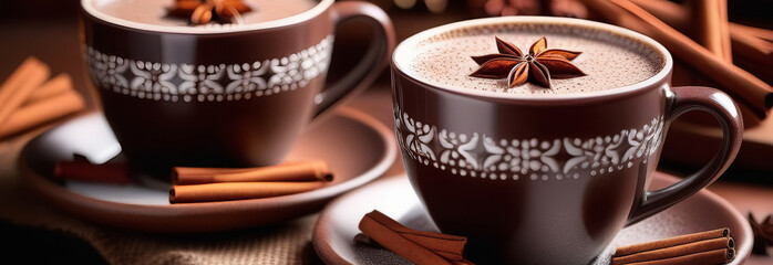 Cozy and comforting Champurrado drink in double servings, embellished with cinnamon and star anise, set on a plain white background with room for text.
