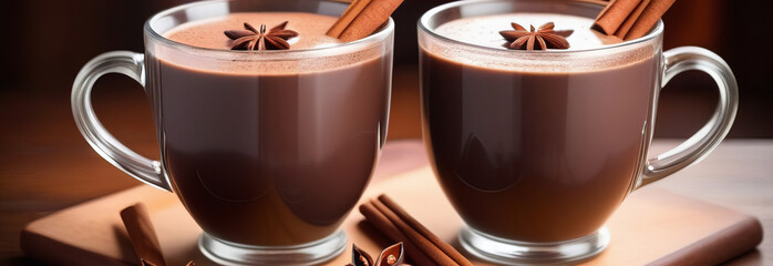 Cozy and comforting Champurrado drink in double servings, embellished with cinnamon and star anise, set on a plain white background with room for text.