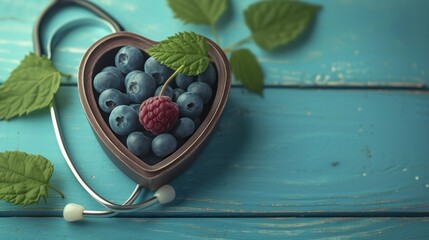 a heart shaped container filled with blueberries and raspberries with a stethoscope attached to it.