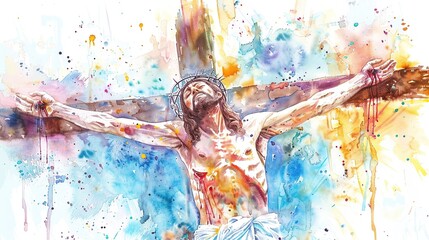 watercolor painting of Jesus' crucifixion - obrazy, fototapety, plakaty