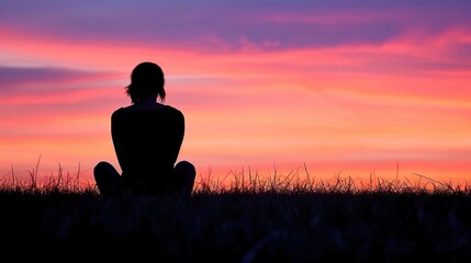 a silhouette of a person sitting in a field with a pink and purple sky in the background and grass in the foreground.