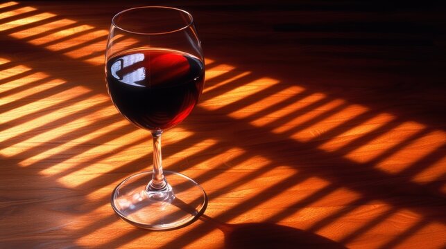 a glass of red wine sitting on top of a table next to a shadow of the sun on the floor.