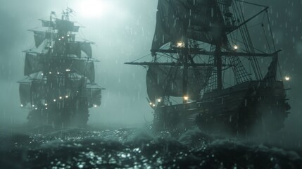 Pirate ships fighting during a storm,