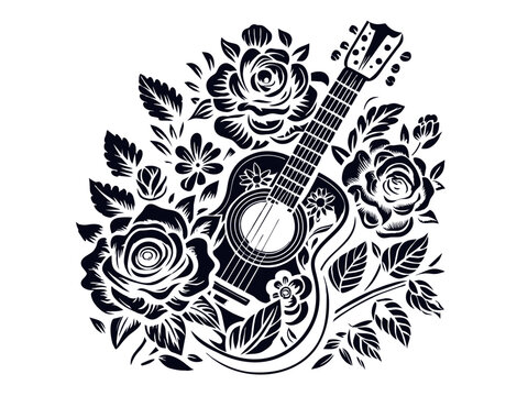 Retro old school guitar, roses for chicano tattoo outline. Monochrome line art, ink tattoo. Black and white vector design with an acoustic guitar surrounded by rose blossoms