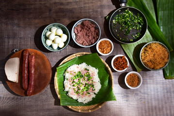 Xoi man, or sticky rice, a Vietnamese cuisine. Sticky riced is cooked then steamed and added with...