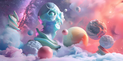Surreal product presentation featuring abstract sculptures and dreamlike elements against a cosmic backdrop  - obrazy, fototapety, plakaty