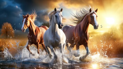 three horses running through a body of water in front of a sky with clouds and a sun in the background.