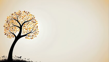 silhouette of tree with yellow leaves on white background with copy space, space for text and design, autumn season 