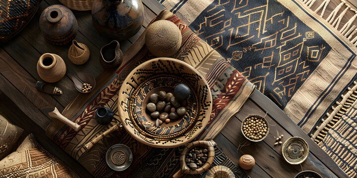 Tribal-inspired product showcase with earthy textures, tribal prints, and tribal artifacts