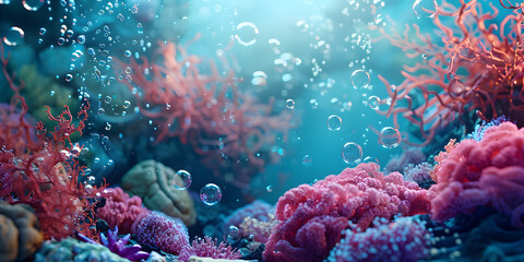 Obraz premium Underwater-themed product presentation with shimmering aquatic hues, coral reefs, and floating bubbles