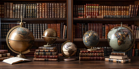 Vintage library-themed product presentation with leather-bound books, mahogany shelves, and antique globes - obrazy, fototapety, plakaty