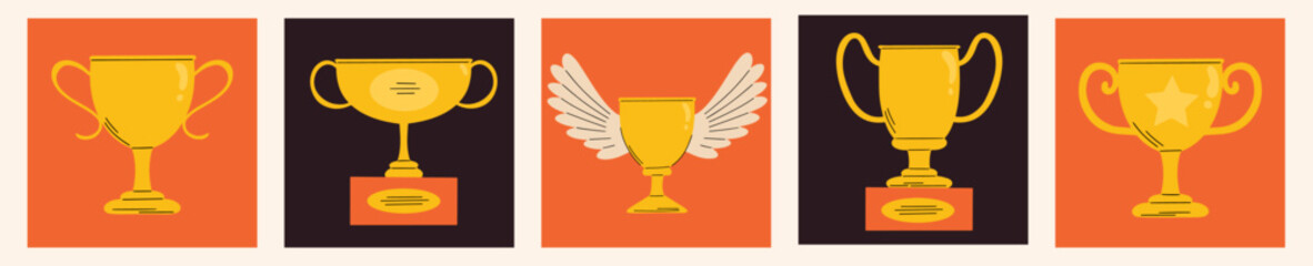 Winning cup, gold prize, award, champion trophy cup, first place vector hand drawn flat trendy illustration in cartoon groovy funky style. Victory, competition game championship design elements