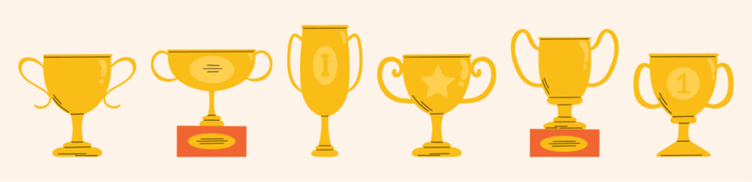 Winning cup, gold prize, award, champion trophy cup, first place vector hand drawn flat illustration in cartoon groovy funky style. Victory, winning competition game championship design elements