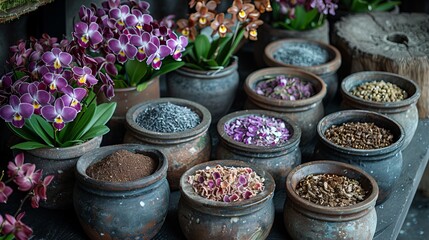 Fresh medicinal, healing herbs in clay pots on a wooden table - obrazy, fototapety, plakaty
