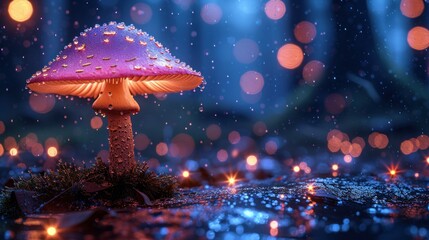a purple mushroom sitting on top of a wet ground next to a forest filled with lots of small lite up lights. - obrazy, fototapety, plakaty