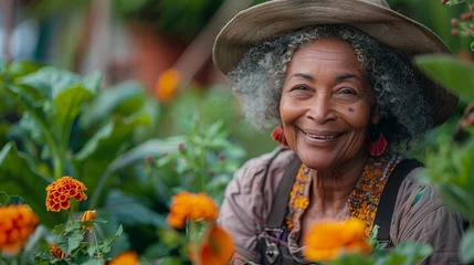 Fotobehang An elderly Indian woman farmer wearing a hat tends plants in a garden. © Artem