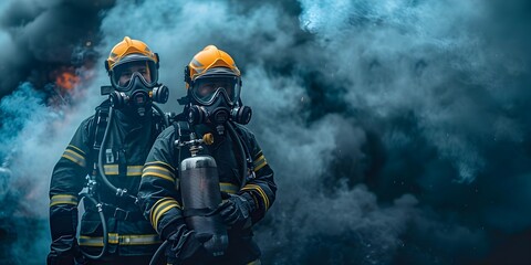 Firefighter helps partner adjust oxygen tank for respiratory support in hazardous conditions. Concept Firefighter, Partner, Oxygen Tank, Hazardous Conditions, Respiratory Support - obrazy, fototapety, plakaty