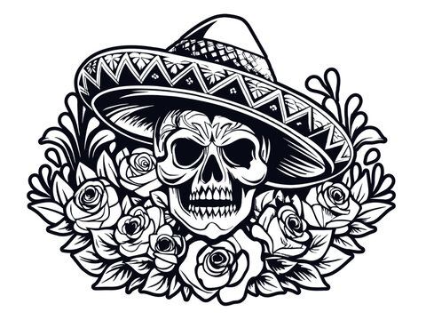 recommend clip art: Mexican retro old school sugar skull in sombrero for chicano tattoo outline. Monochrome line art, ink tattoo. Black and white illustration of a decorative skull with a sombrero surrounded by roses