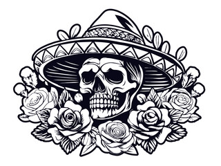 Mexican retro old school sugar skull in sombrero for chicano tattoo outline. Monochrome line art, ink tattoo. Black and white of day of the dead skull wearing sombrero, surrounded by roses