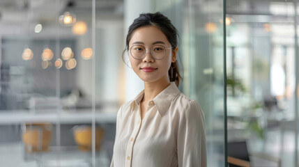 HR professional in a modern corporate office surrounded by glass walls and minimalist furniture.